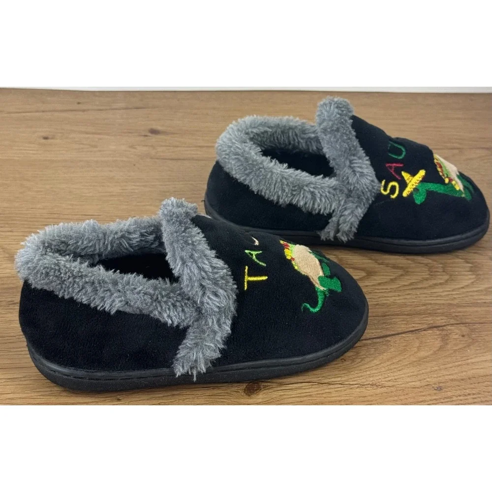 Wonder Nation Dinosaur Slippers Kids Size 9-10 Black Faux Fur Sombrero SAURUS